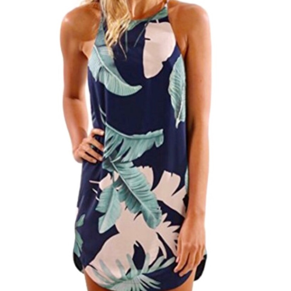 Adorbs Short Blue Palm Floral Vacation Style Dress - Picture 5 of 7